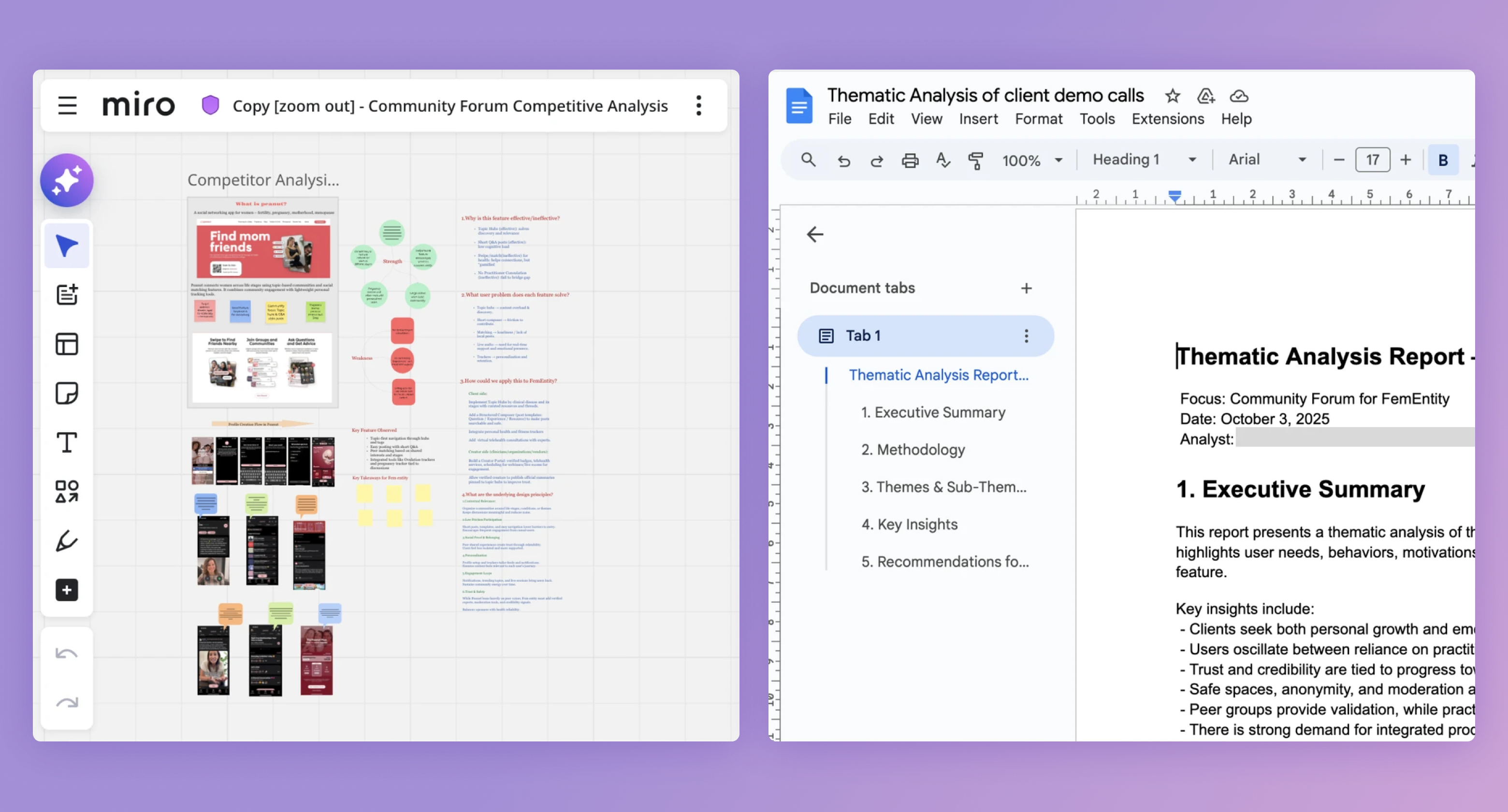 Research phase — Miro board and Thematic Analysis Report