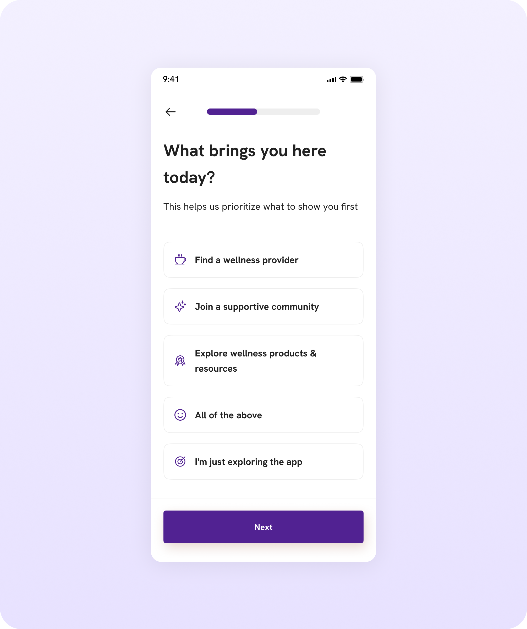 What brings you here today screen