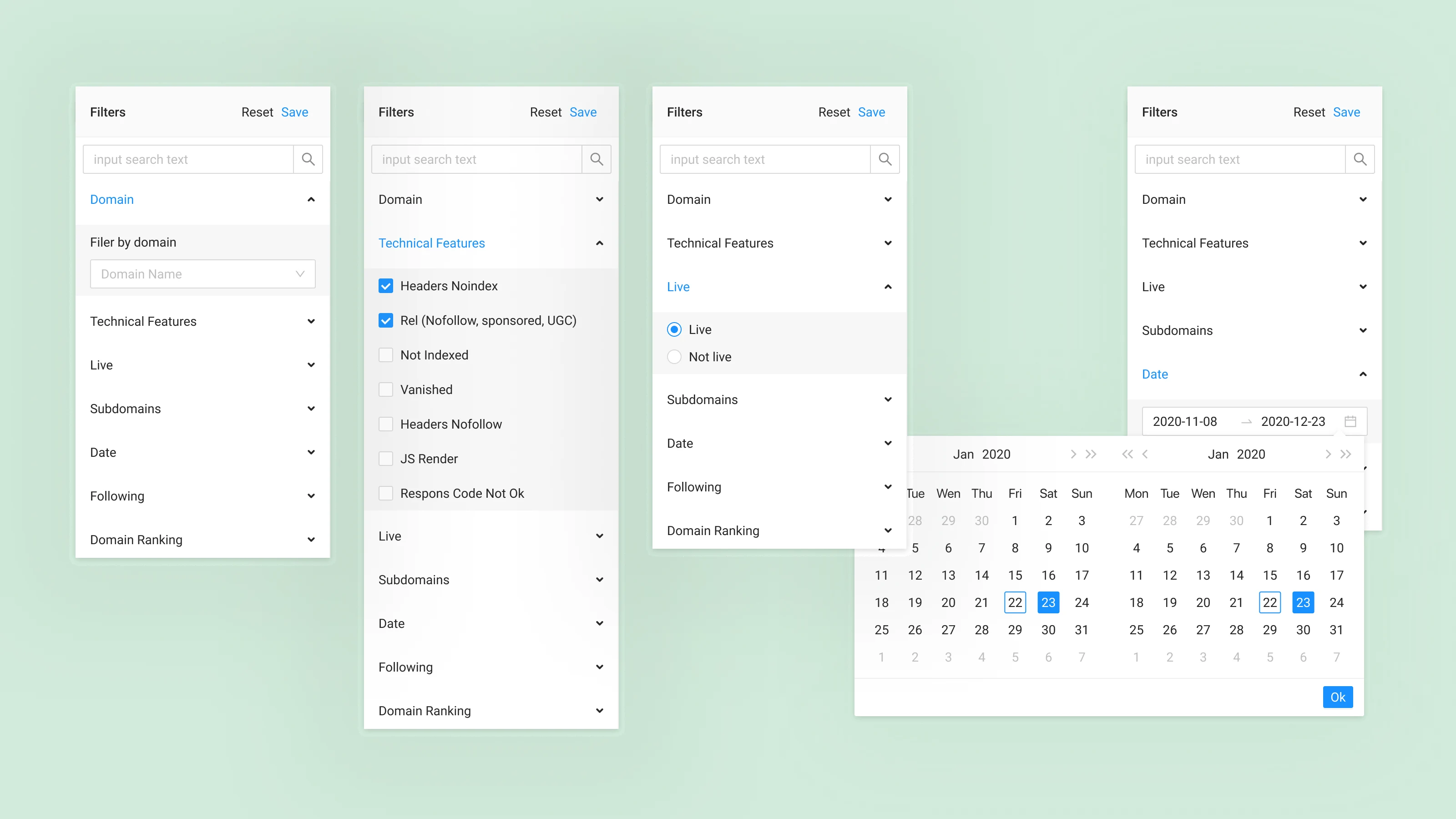Filters - slide-out panel with accordion groups