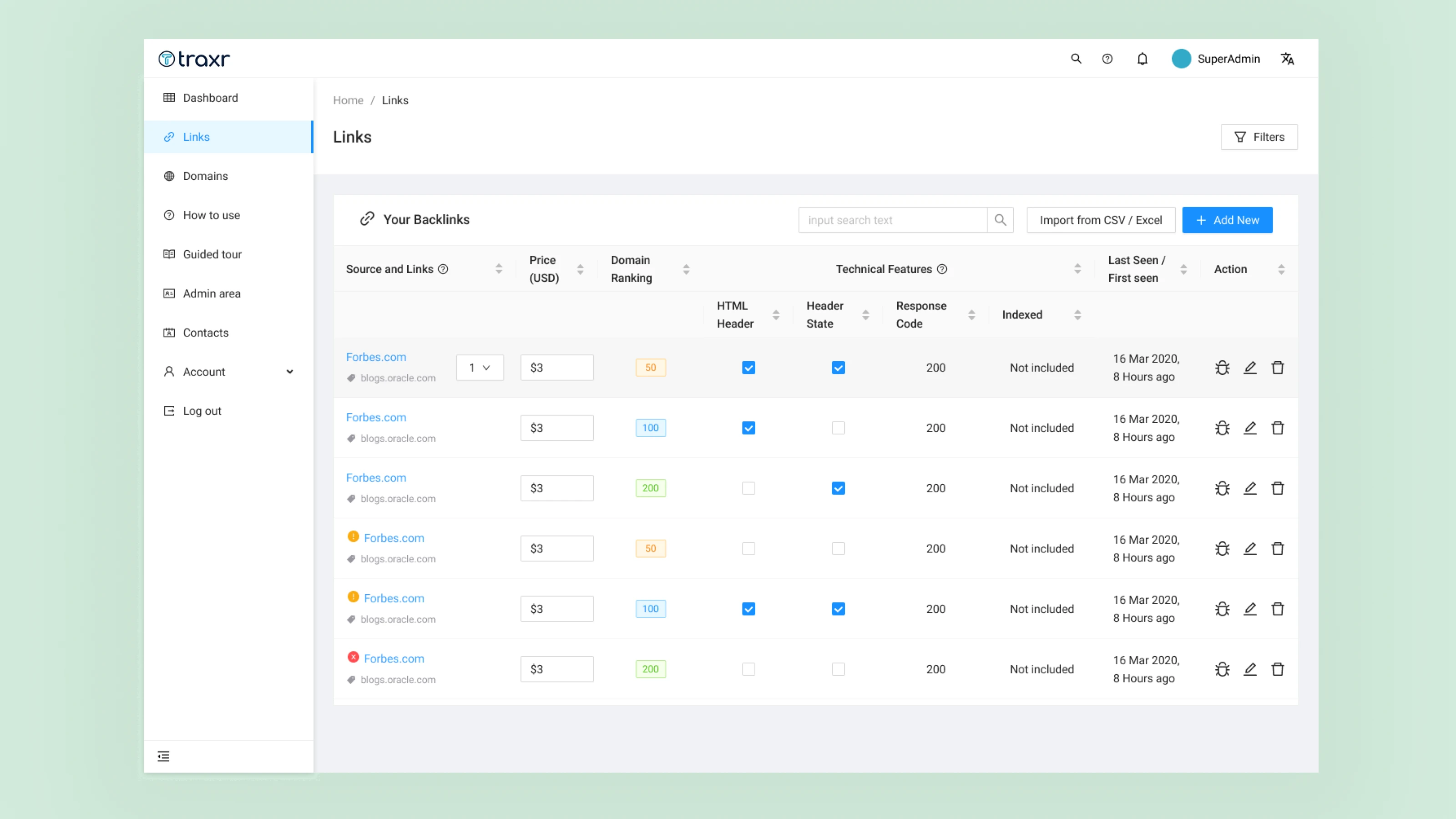 New Links page - table layout